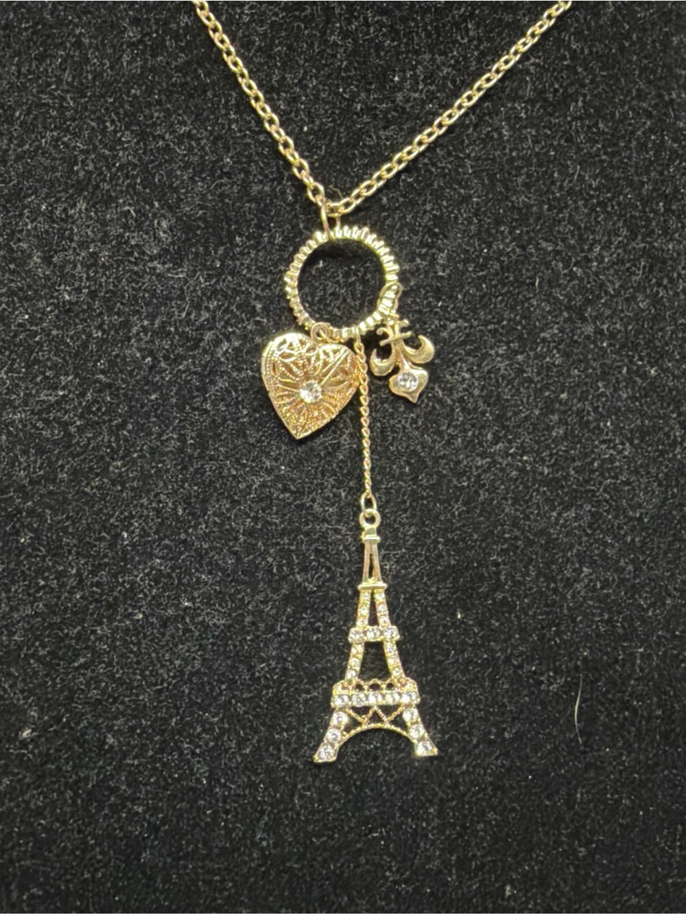 Claire’s Gold Tone Eiffel Tower Fleur de lis Pendant Necklace w Heart Charm -